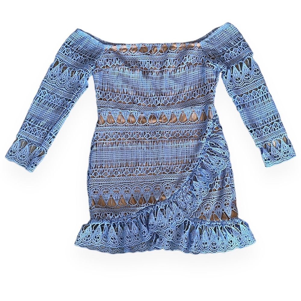 Missguided Frill Lace Bardot Wrap Flippy Hem Dress Blue 12 NWT Sultry Coquette - Picture 2 of 10